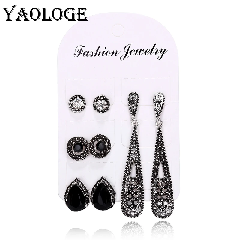

YAOLOGE 4 Pair/set Retro Personality Hollow Drop Gems Geometric Crystal Stud Earrings Set Bohemian Women Charm Party Jewelry