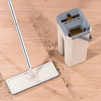 

Flat Squeeze Mop Bucket with Carry Handle, No Hand Washing Lazy Mop Self Cleaning Magic Mop for Wet & Dry Safe on All Surfaces