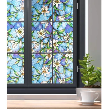 

90*400 Cm Lily flowers 3D Window film,Static stained Window Tint,heat transfer vinyl For bathroom,Heat Control Glass stickers