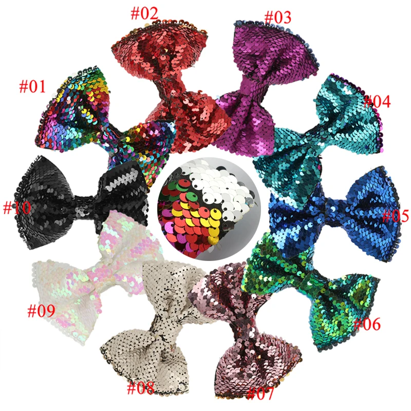 10pcs/lot 5Inch Rainbow Reversible Sequin Hairbows Double-Side Changable Hair Clip Barrette Kids Accessories | Детская одежда и