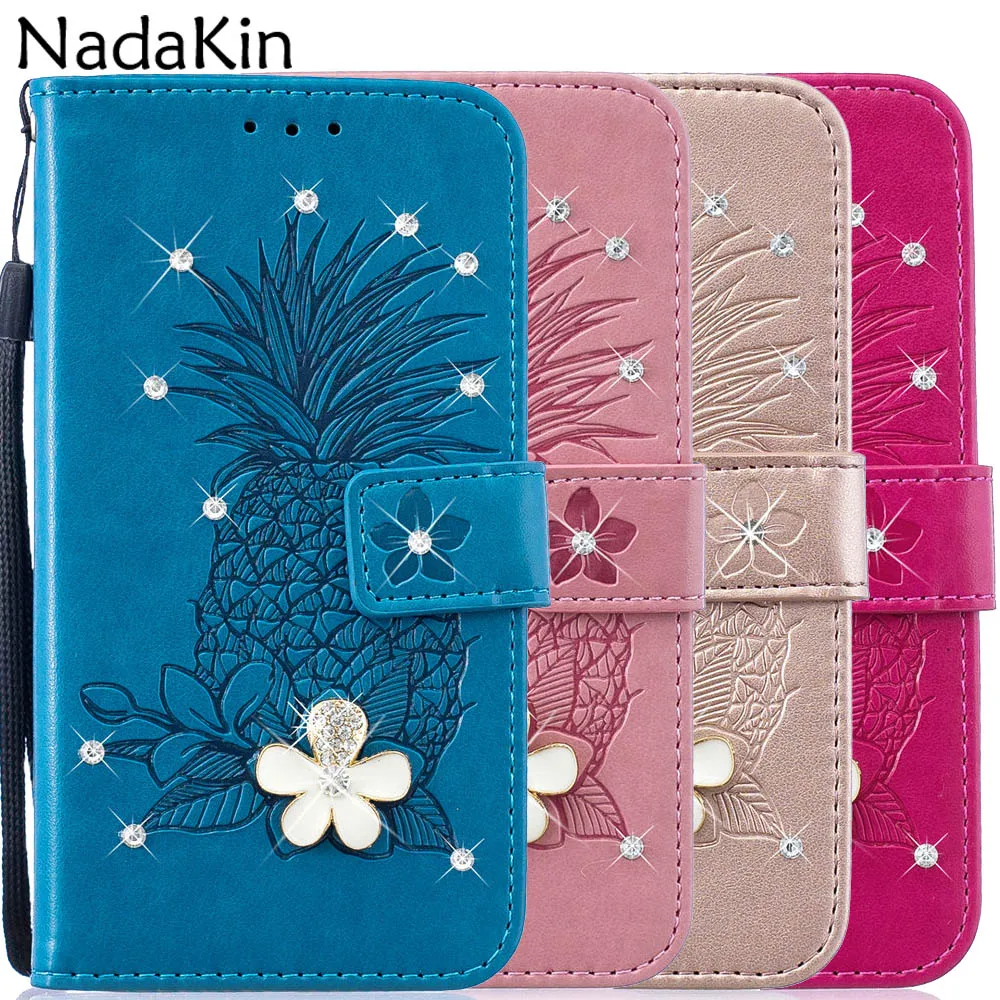 

Rhinestone Flower Diamond Pineapple Embossed Book Case for Samsung Galaxy A6 A8 Plus 2018 A3 A5 2017 Note 9 Luxury Flip Shell