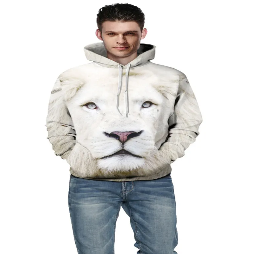 

Cute White Lion Coat Fashion New 3D Printing Hoodies Hedging European Style Male / Female Models Loose Cute White Lion Hoodies