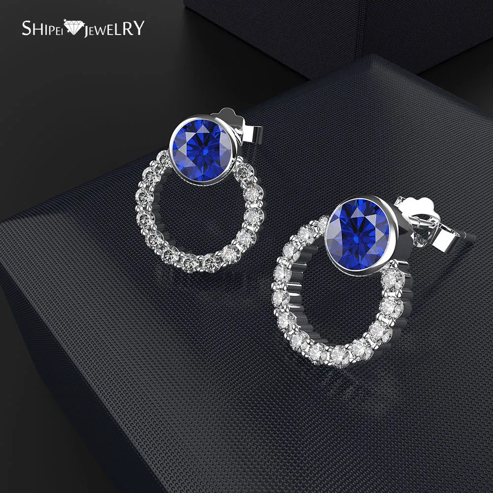 

Shipei Fashion Jewelry Silver 925 Blue Stud Earrings Fine Cubic Zirconia Crystal Round Hoop Earrings for Women Anniversary Gift