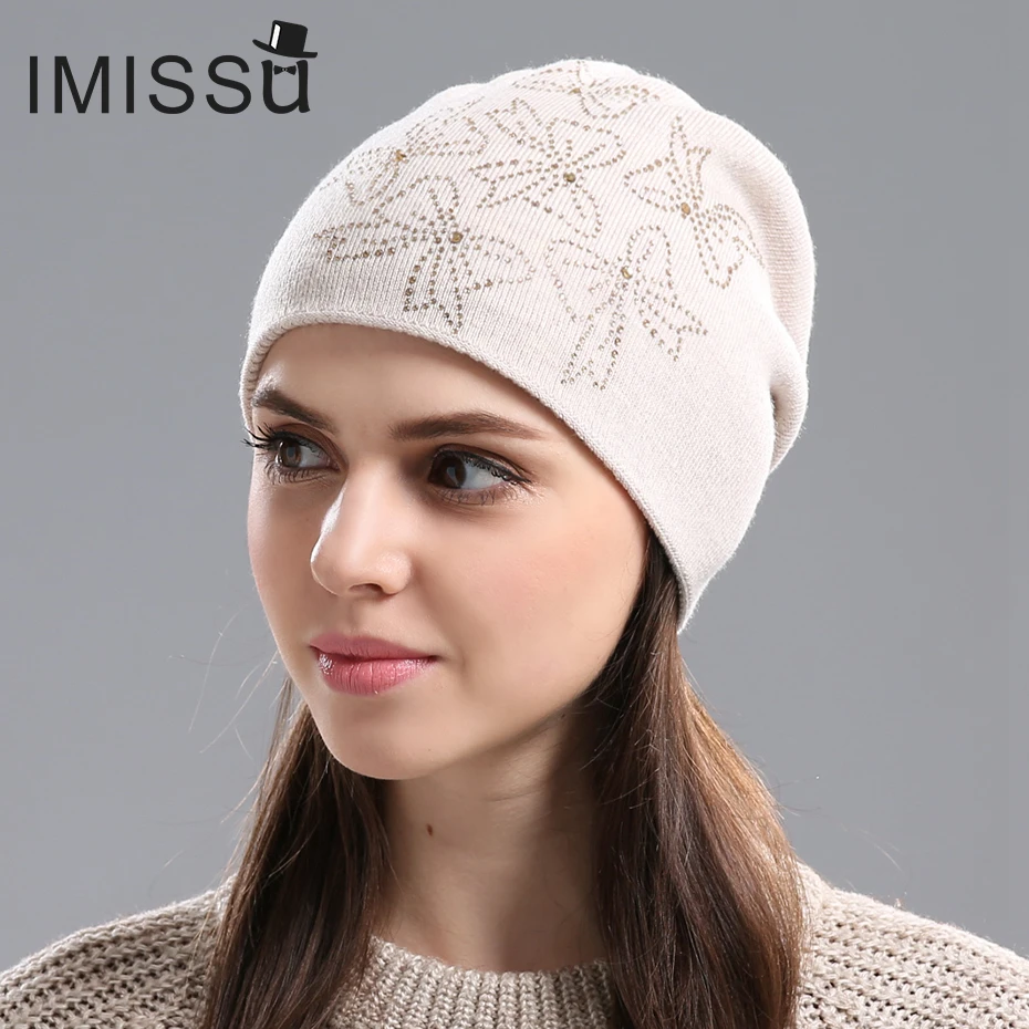 

IMISSU Women's Winter Hats Knitted Real Wool Beanie Casual Hat with Crystal Bow Solid Colors Ski Gorros Cap Casquette for Women