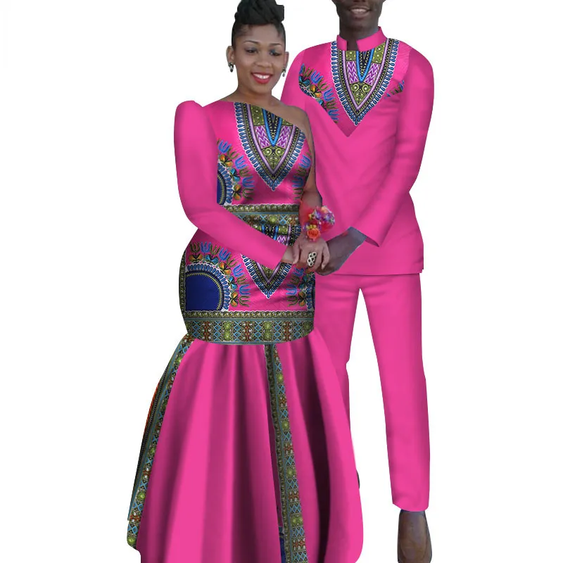 Комплект из 2 предметов, африканская Дашики, одежда для влюбленных, мужская рубашка и брюки, женское платье, вечерние, свадебные, модные, WYQ16