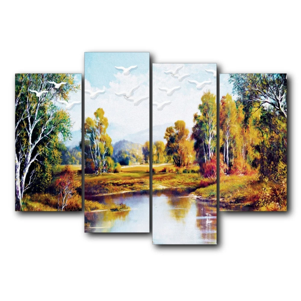 

4 Panel Natural Scene Water Outside Posters and Prints Canvas Painting Vintage Wall Art Home Living Room Decoration No Frame