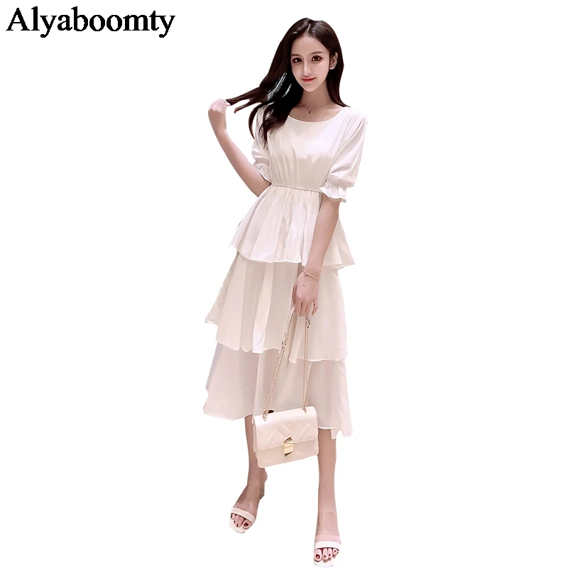 

Korean Style Summer Women Long Tiered Dress White Black Layered Ruffles Romantic Dress Elegant High Waist Party Midi Fairy Dress