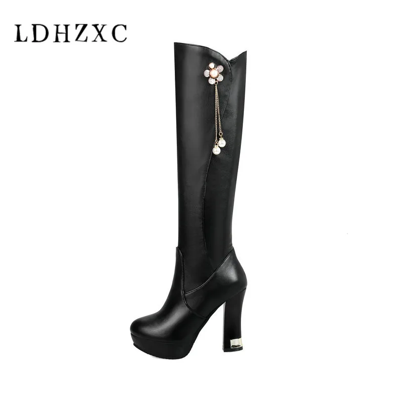 

LDHZXC 2019 new Women Knee High Boots Platform Elegant Casual round toe Winter Shoes Women Motorcycle Boots plus size 11 9 12
