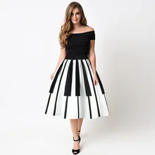 Echoine Women Pleated Skirts Fashion Piano Keyboard Print Ball Gown High Waist Knee Length Casual Women Skirt