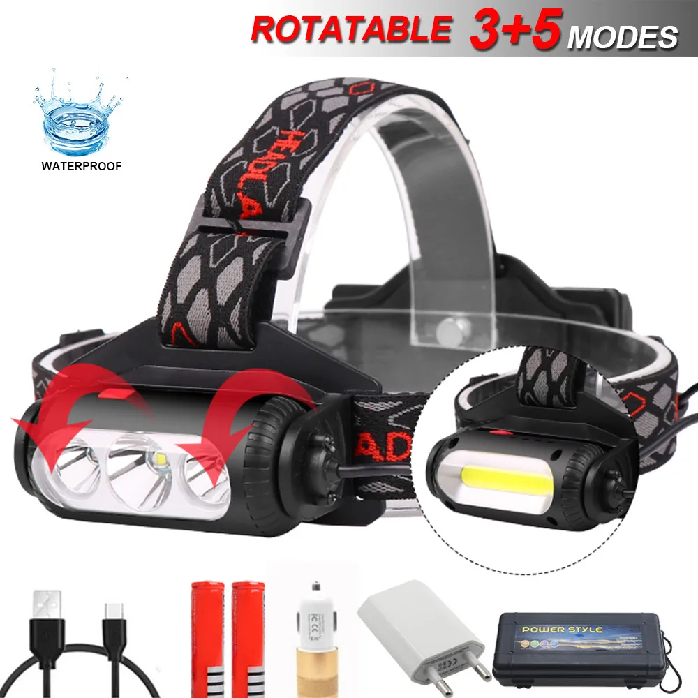 

10000 LM USB Rechargeable LED Headlamp Rotatable lamp holder 8 Light Mode LED COB Super Bright Headlights Waterproof driving