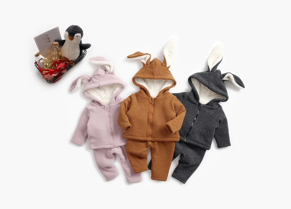 

New winter Children's boys girls thiken suit cost&pants Fashion baby clothing 2pcs velvet set rabbit design Suits warm clothes