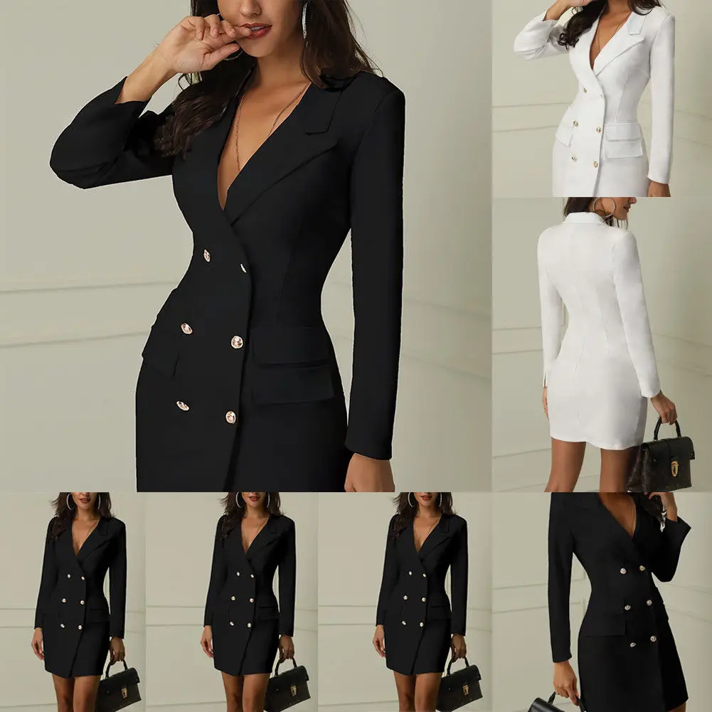 2019 Autumn Winter Suit Women Long Blazer Casual Double Breasted Pocket Jackets Womens Elegant Long Sleeve Blazers Outerwear XXL