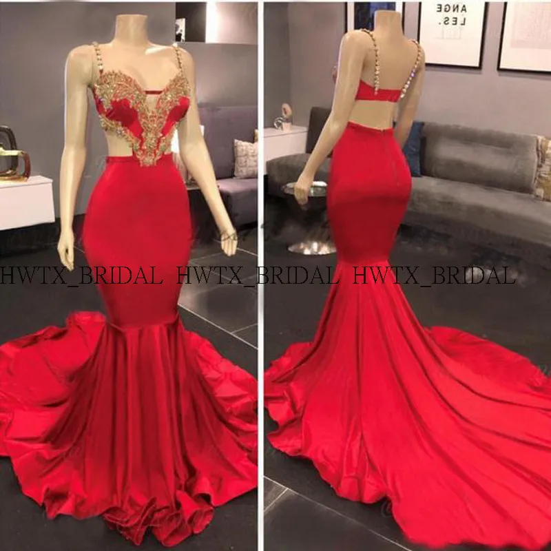 

Red Sexy Mermaid Prom Dresses 2019 Gold Applique Crystal Cut-out Waist Long Train African Prom Dress Formal Gown vestido de gala