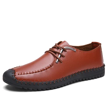 

New Handmade Stitching Soft Cow Leather Men Flats Fashion Pointed Toe No-Slip Rubber Sole Men Leisure Loafers Shoes