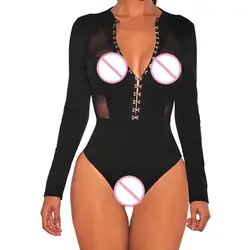 Для женщин пикантные Babydoll с длинным рукавом Твердые Кнопка Playsuit блестящие облегающая Клубная одежда купальный костюм