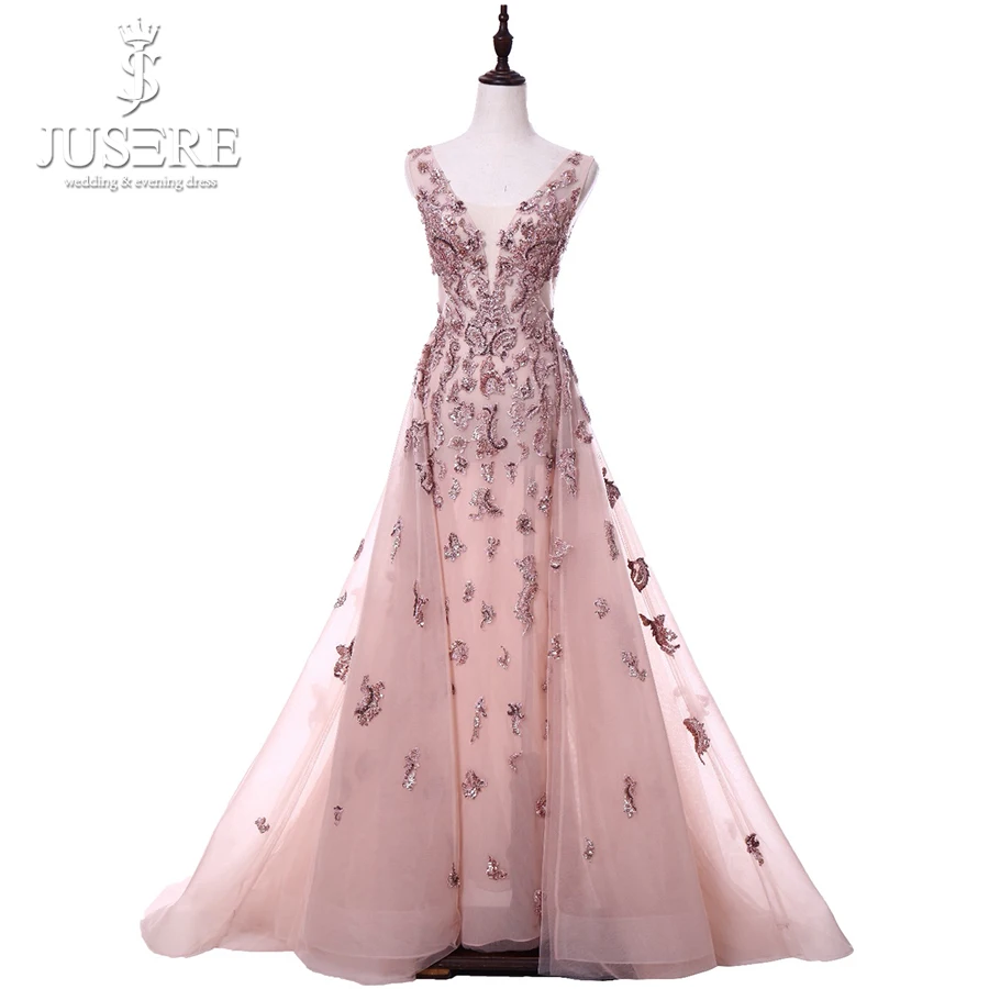 

V-Neck Beads Bodice Open Back A Line Long Evening Dress Party Elegant Vestido De Festa Carnation Fast Shipping Prom Gowns 2018
