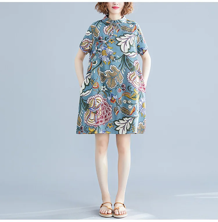 

Summer Women's Bohemian Print Dress Art Vintage Cotton Short Sleeve Dress Loose Mini Dress Elegant Casual Dress