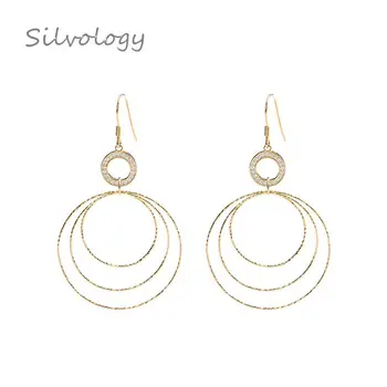

Silvology 925 Sterling Silver Zircon Exaggeration Long Three Circles Drop Earrings Gold Elegant Earrings For Women Fine Jewelry