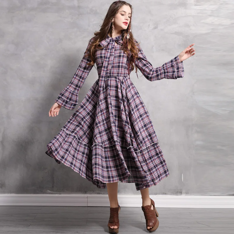 

New Arrival Spring Dress 2019 Bow Pendulum Long Retro Plaid Waist Elegant Dress Prairie Chic Pleated Plaid Mid-calf Flare Sleeve