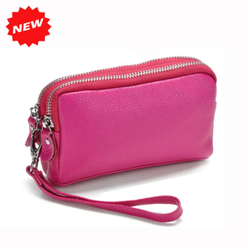 2017 Genuine Leather Women Coin Purse Double Zipper Mobile Bag Lady Clutch Wristlet Bags easy for carry clutches Wholesale|bag ladies|bags