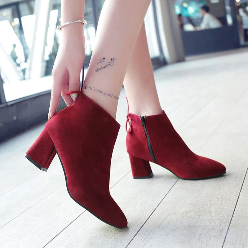 

Women Boots Faux Suede Ankle Boots Women High Heels Boots Female Autumn Short Boots Zip Pointed Toe Ladies Shoes Plus Size 35-45