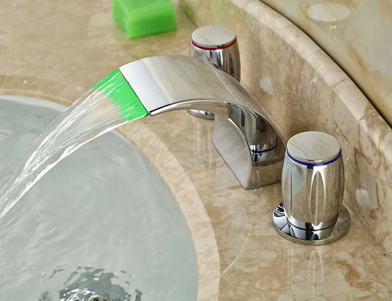 

Chrome Finished LED Light Spout Bathroom Basin Faucet With Two Handles Mixer Tap