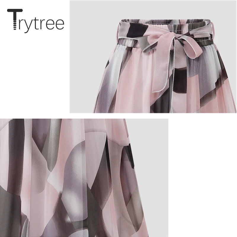 Trytree лето осень женская юбка с принтом Повседневный полиэстер шифоновый эластичный пояс бант пояса юбка мода трапециевидные юбки до середины икры