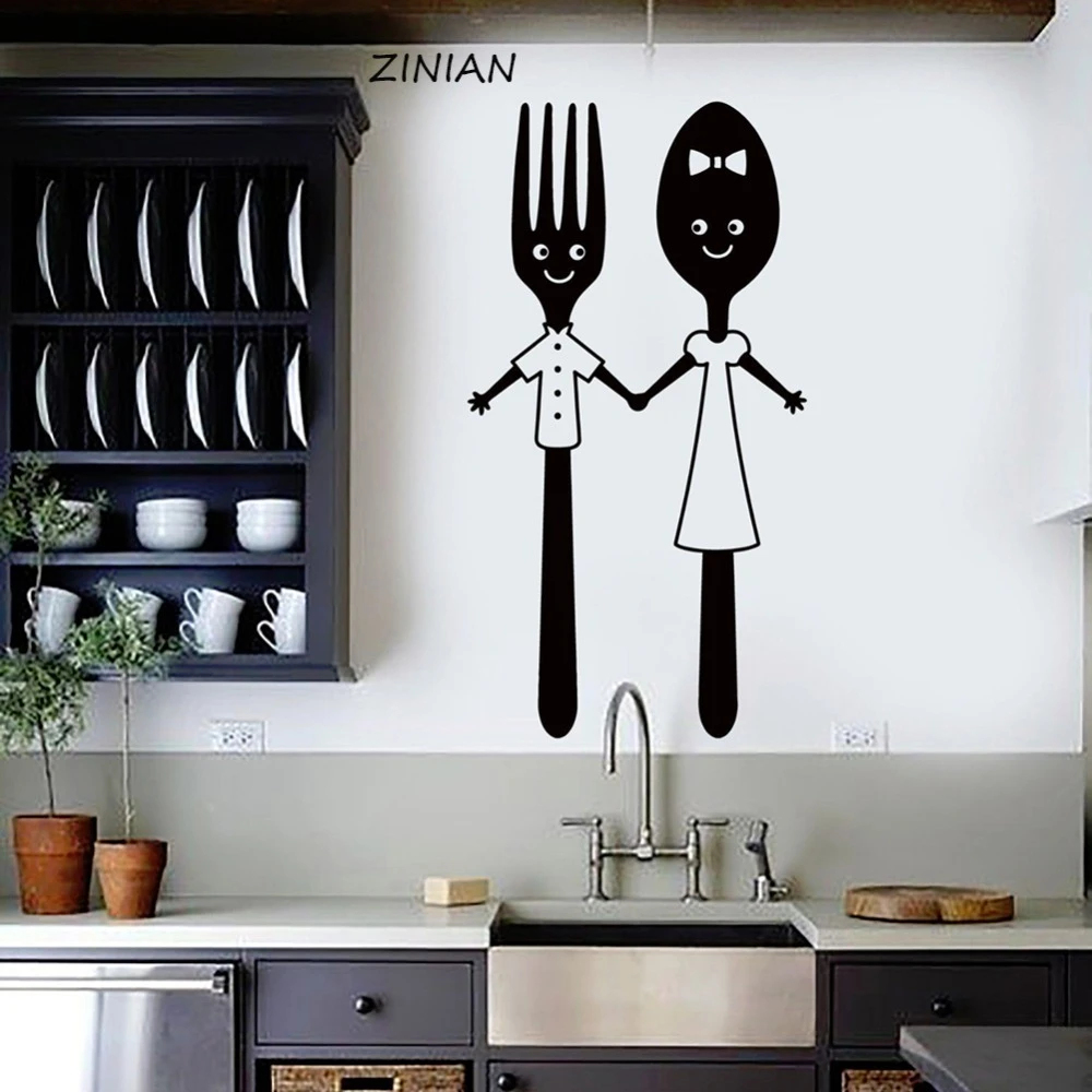 Cute Spoon And Fork Wall Decals For Kitchen Restaurant Dining Room Stickers Home Decorate Waterproof Cartoon Vinyl Sticker Z128 Decals For Kitchen Wall Decals For Kitchenwall Decals Aliexpress