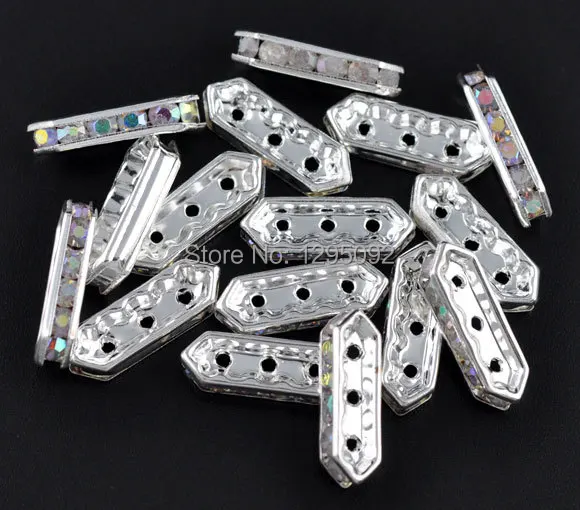 100Pcs Silver Plated AB Color Rhinestone 3 Holes Spacers Bars Beads In