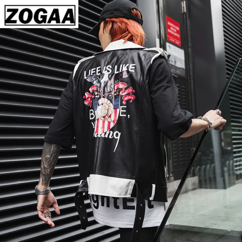 

ZOGGA 2019 Men Spring Vests Night Club Rock Punk Locomotive Rivet Leather Vest Solid Black Sleeveless Men Vest with Pattern