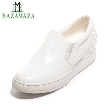 

RAZAMAZA Sexy Women Real Leather Height Increasing Wedges Shoes Women Platform Pumps Rivets Round Toe Footwear Size 34-39