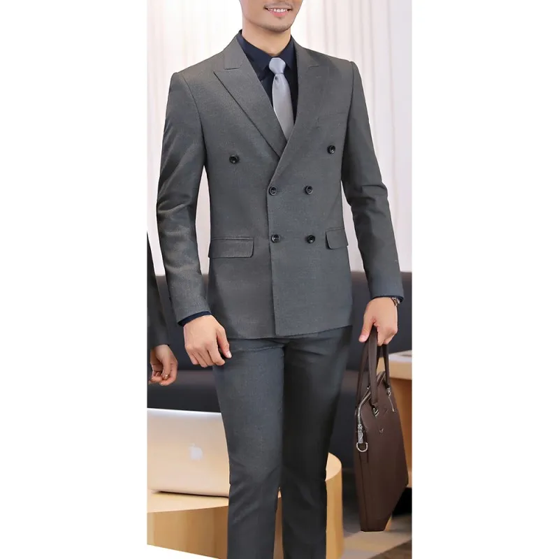 Hommes-Costume-de-Bureau-D-affaires-Porter-Double-Boutonnage-Solide-Gris-Marine-Noir-Veste-et-Pantalon (3)_