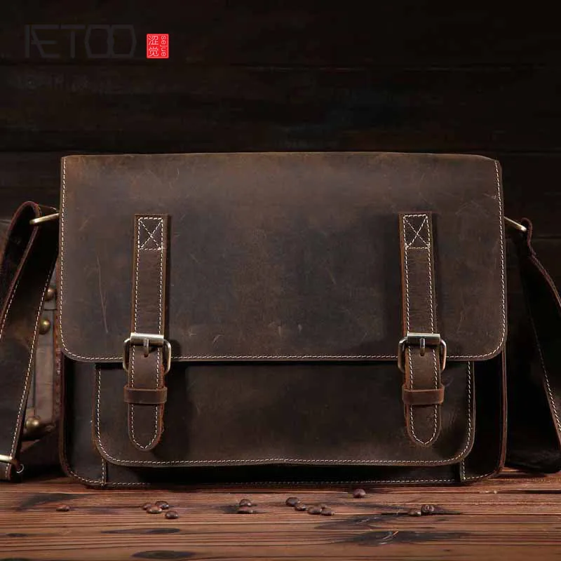 

BJYL Men's mad horse leather leather men's bags Europe and the United States trend of retro handbags men's casual business shou
