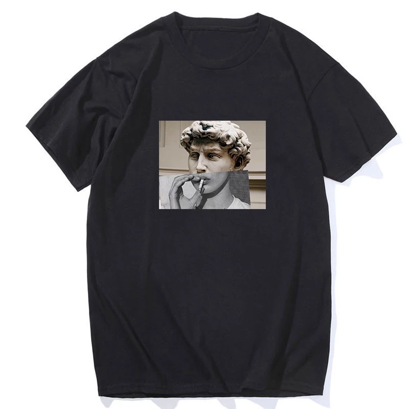 

Vintage Funny Michelangelo Statue Smoking Cool Tshirt Art Painting Aesthetic Clothes Fashion Streetwear Luxury Black T Shirt
