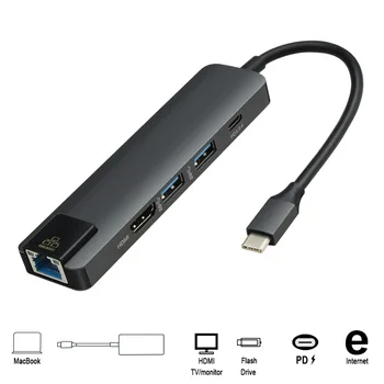 

5 in 1 Type C to HDMI Hub Multifunction Adapter with 3 USB 3.0 Type C RJ45 Lan Port