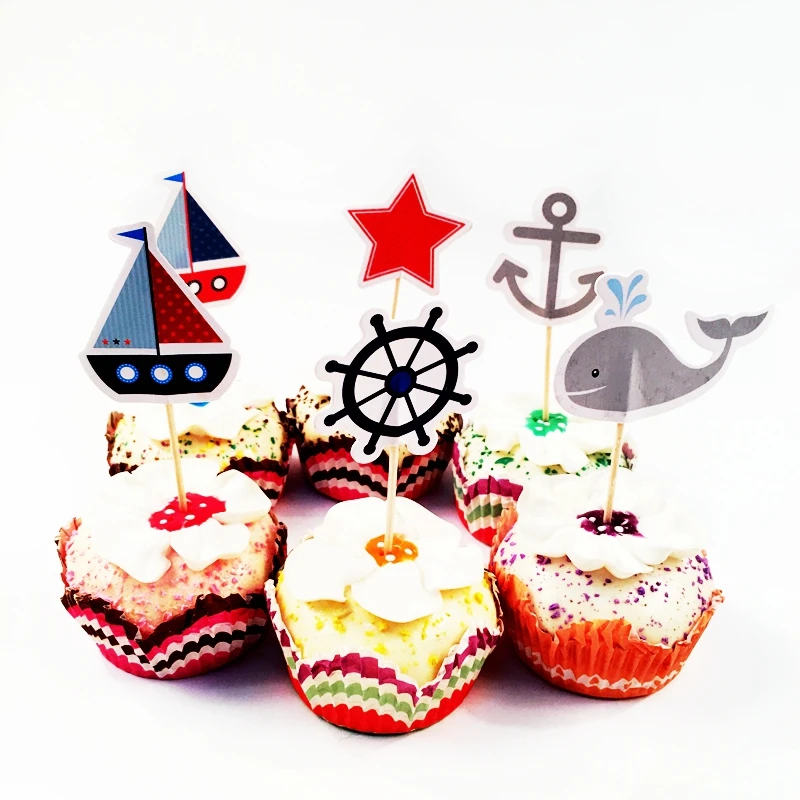 

48pcs Sea Sailboat Rudder Anchor Yacht Star Whale Cupcake Toppers pick Kids Birthday Party Cake Decoration Supplies