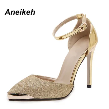 

Aneikeh Thin High Heels Women Pumps Sexy Glittery Leather Bright Mental Gold pointed Toe Shoes Mixed Color Gold Silver 936-2#