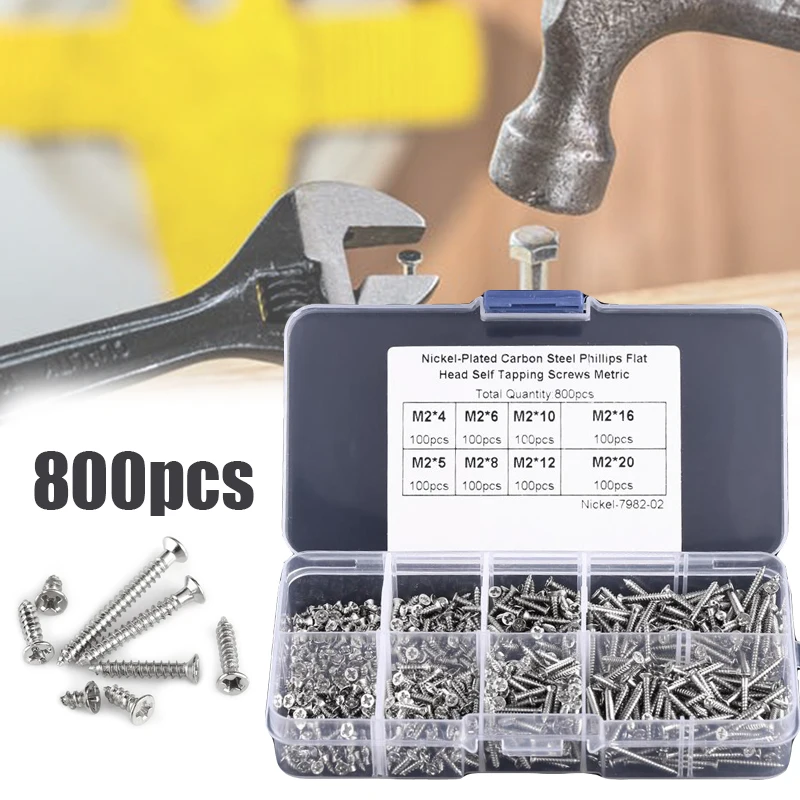 

800pcs M2 Cross Drive Flat Head Self-Tapping Screws Woodworking Fastener with Box Woodworking Repair Tool tornillos
