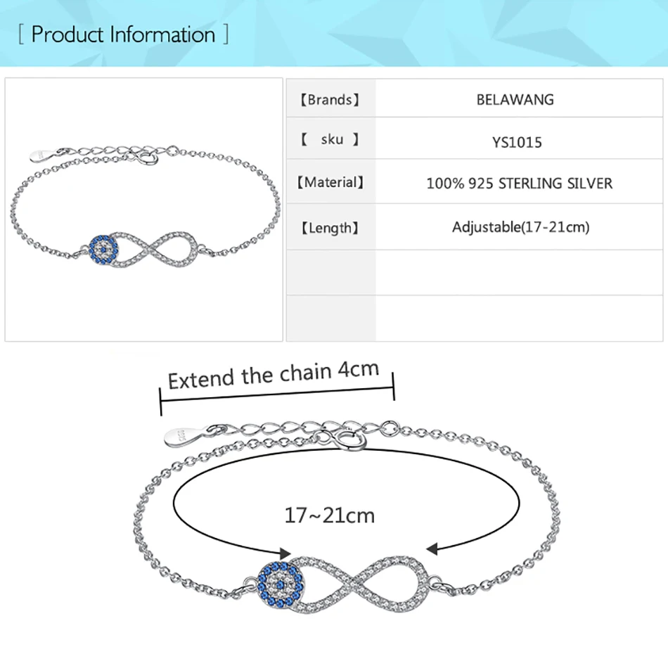 Мода 925 браслеты стерлингового серебра кубического циркония Lucky Eye& Infinity талисманы браслет цепочка для женщин ювелирные изделия