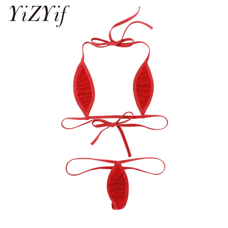 

YiZYiF Women Sexy Set Exotic Minimal Cover Mini Micro Teardrop Bikini Halterneck Self-tie Bra Top with G-String Briefs Underwear