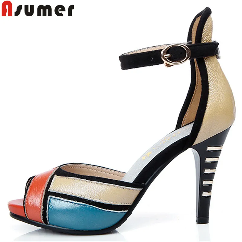 

ASUMER 2019 new genuine leather shoes women peep toe summer sandals mixed colors ladies prom wedding shoes women sandals