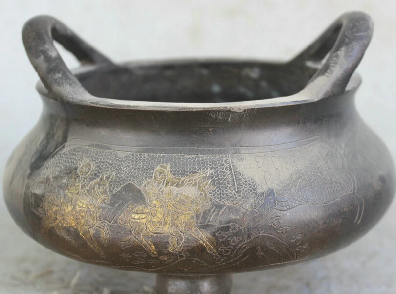 

S2101 8 Marked Chinese Bronze 3 Foot Round Person Ride Horse Incense Burner Censer D0318