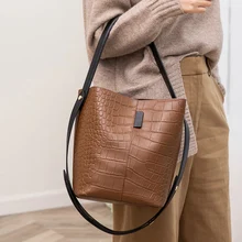 WOONAM Модные Сумки из натуральной яловой кожи в аллигатора узор средний Ведро Топ ручка сумка WB722