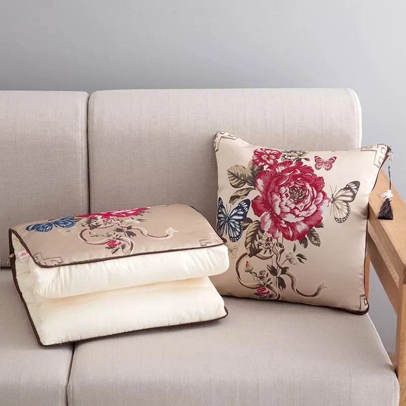 

2 in 1 Flannel Cushion Blanket Car Sofa Lumbar Throw Pillow Air Conditioning Blanket Foldable Embroidery Quilt Blanket Cushion