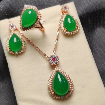 

Koraba 3pcs 925 Sterling Silver Rose Gold Natural Green Jade Gemstone Drip Pendant Necklace Bracelet Earrings Women Jewelry Set