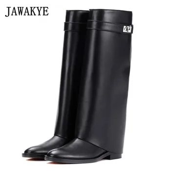 

New Fashion genuine Leather Shoes Woman round toe Motorcycle Booties flat heel Belt Strap Metal Shark Lock Knee High Boots