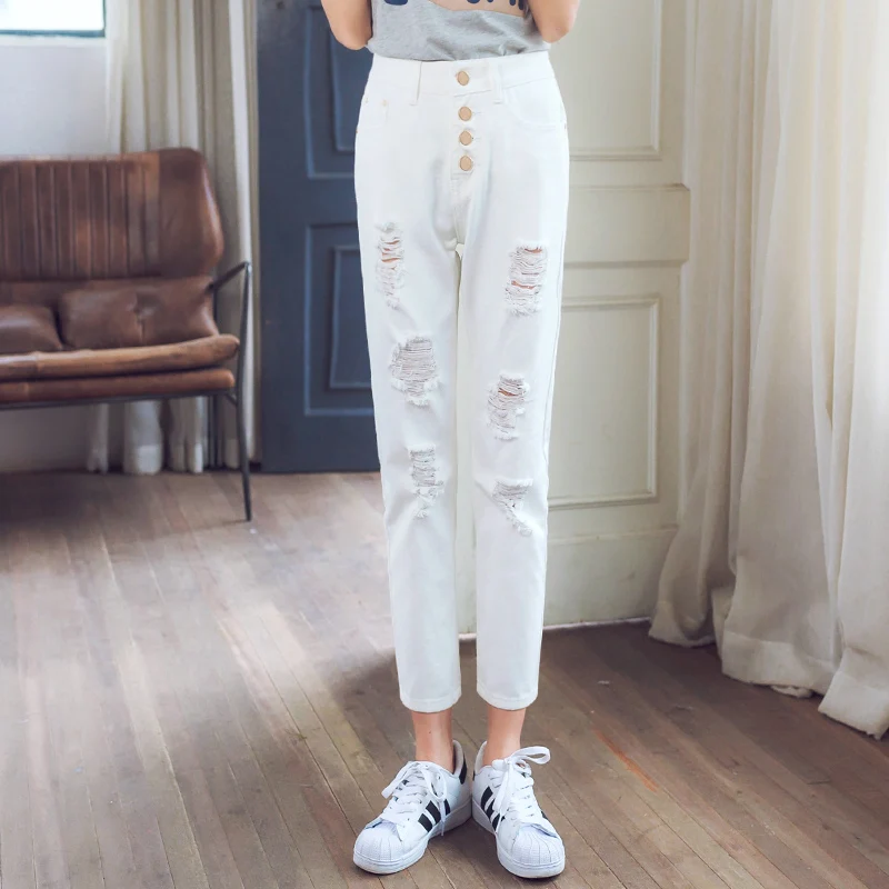 

2016 single breasted hole Jeans preppy style Ankle-Length Pants Slim harem beggar Trousers white