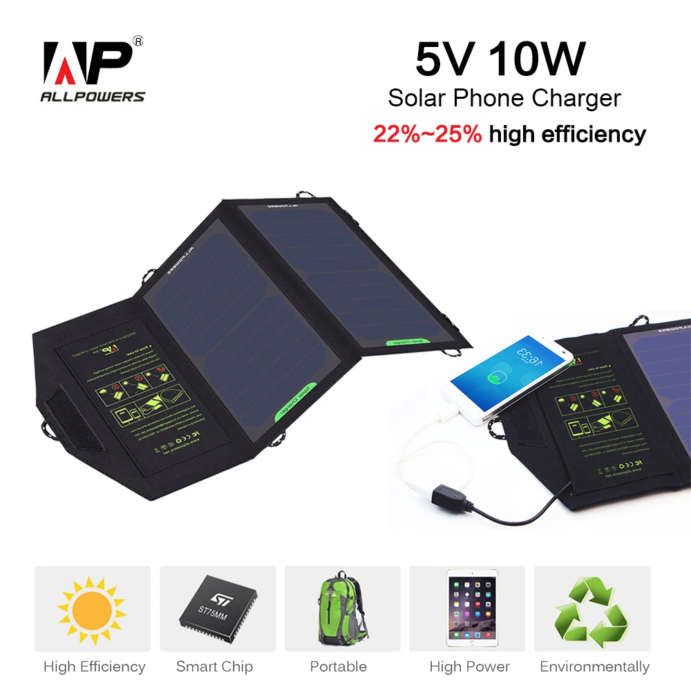 Allpowers solar panel 5v10w batería de portátiles solar cargador para phone/camping