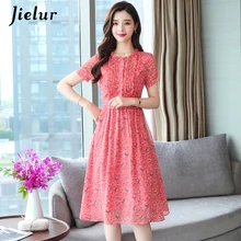 Jielur, цветочное шифоновое женское платье, короткий рукав, эластичная талия, элегантные платья для женщин, S-XXL, Круглый ворот, красное летнее платье, Kleider Damen