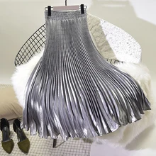 Новинка, летняя женская юбка макси, серебристо-серые гофрированные длинные юбки, Женская Зимняя юбка-пачка, юбка миди, винтажная Женская юбка миди